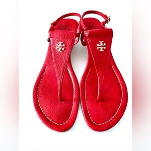 Tory Burch Red Caviar Gold Logo Thong Sandals 9.5 Beautiful!